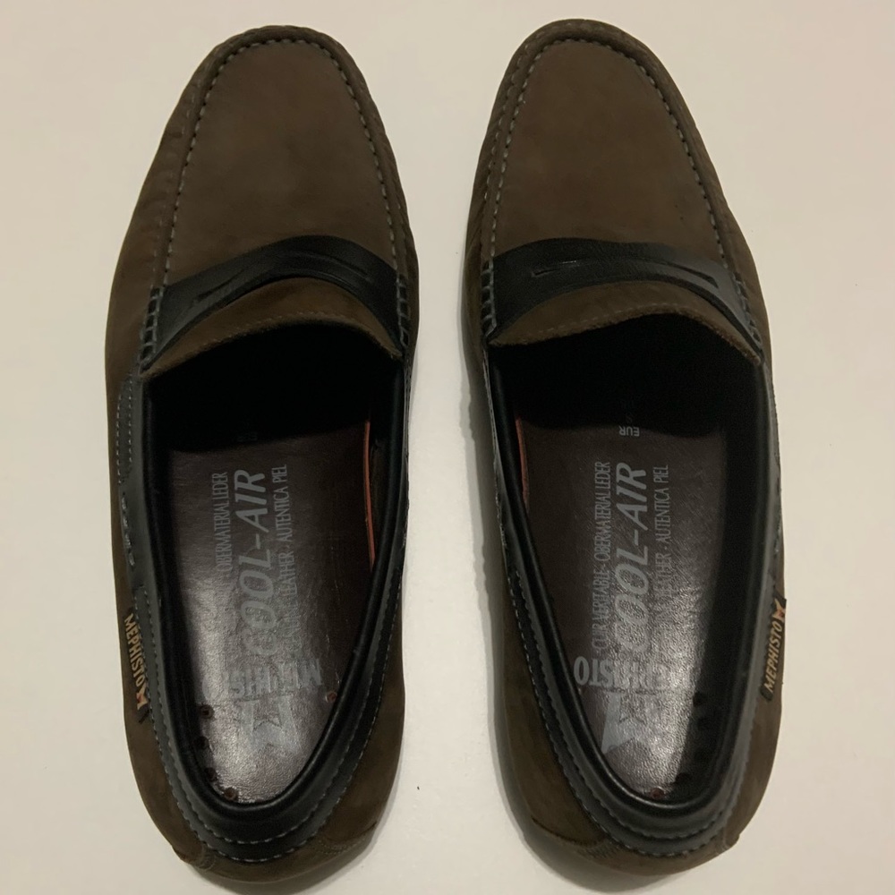 MEPHISTO Aylon Penny Loafers, Taupe Nubuck & Dark Brn leather 8.5,Very good cond